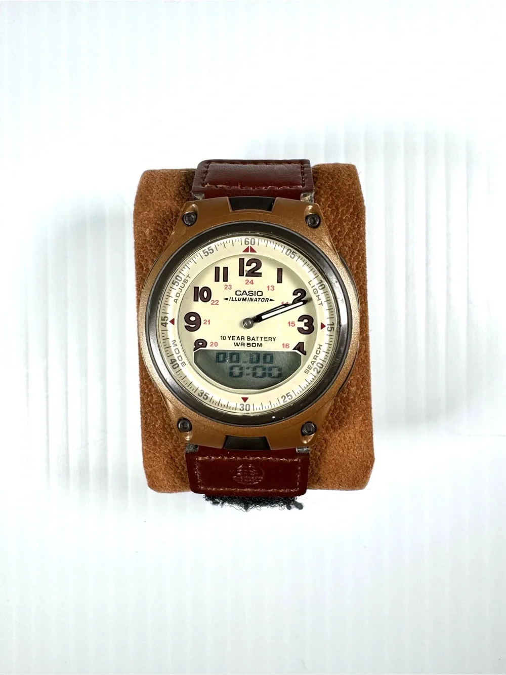 Casio Telememo AW80V-5BV Illuminator Brown Leather and Nylon Hook & Loop Strap